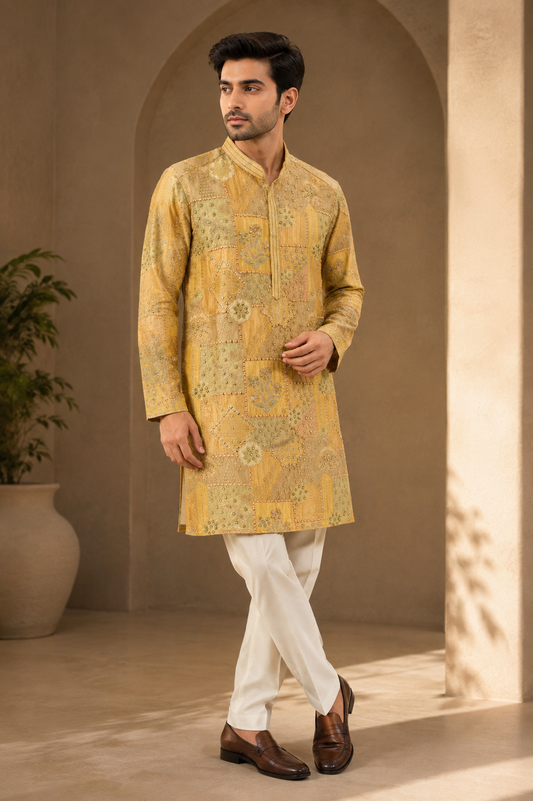 Mustard Gold Patchwork Embroidered Kurta for Men