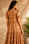 Rust Brown Floral Tiered Puff Sleeve Maxi Dress