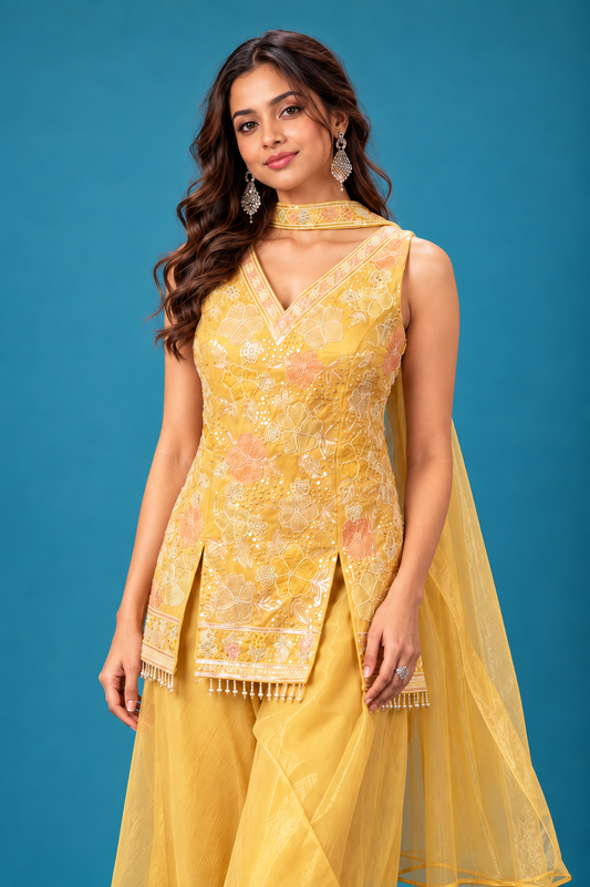 Sunshine Yellow Embroidered Sharara Set