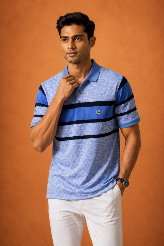 Men's Sky Blue Geometric Printed Polo T-Shirt