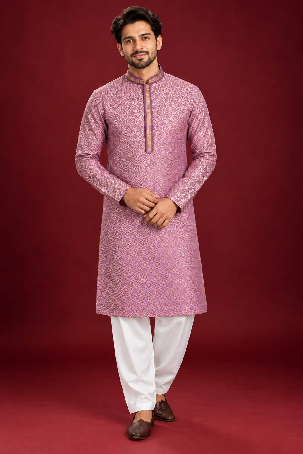 Men’s Mauve Pink Jacquard Kurta Pajama Set