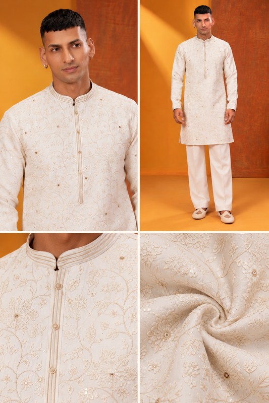 Men's Premium Ivory White Floral Embroidered Festive Kurta Pajama Set
