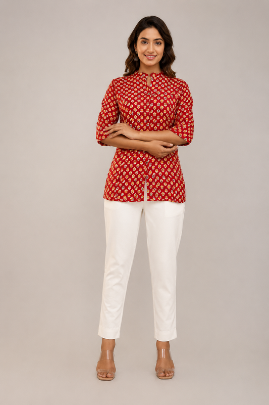 Women’s Red Floral Printed Rayon Tunic with White Pants Set