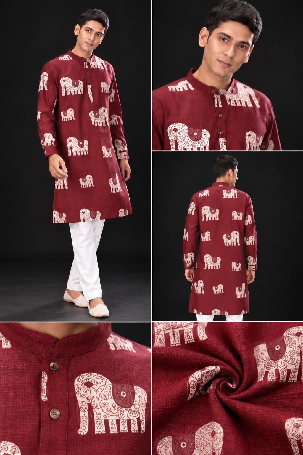 Maroon Elephant Print Kurta for Men