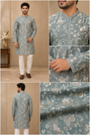 Sage Blue Floral Jacquard Kurta Set