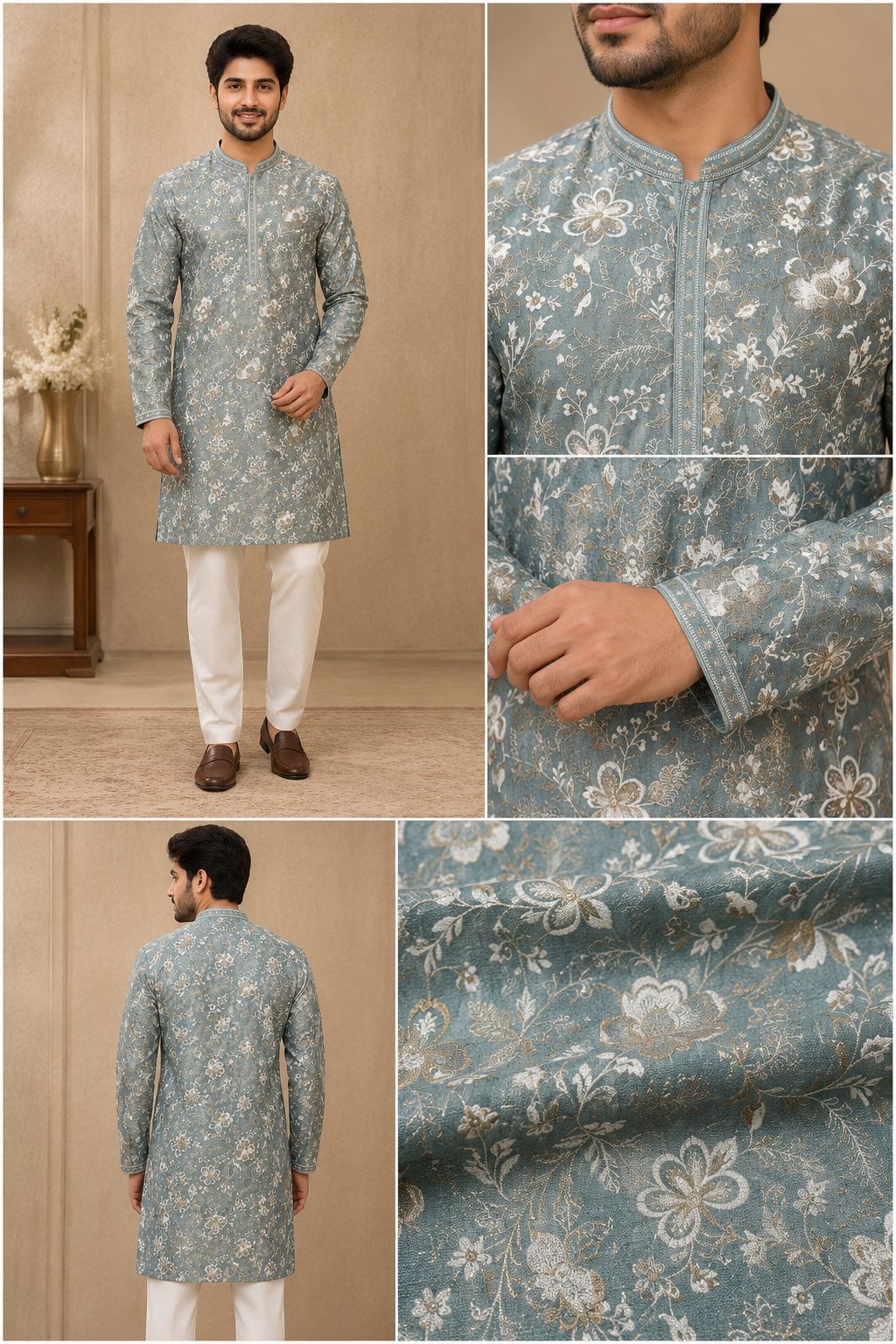 Sage Blue Floral Jacquard Kurta Set