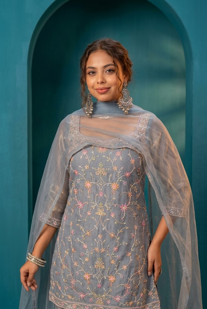 Elegant Grey Embroidered Kurta Palazzo Set