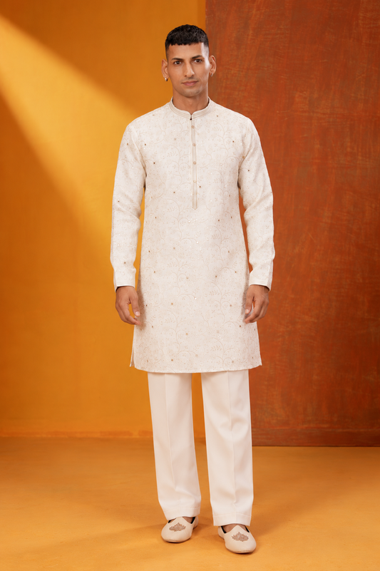 Men's Premium Ivory White Floral Embroidered Festive Kurta Pajama Set