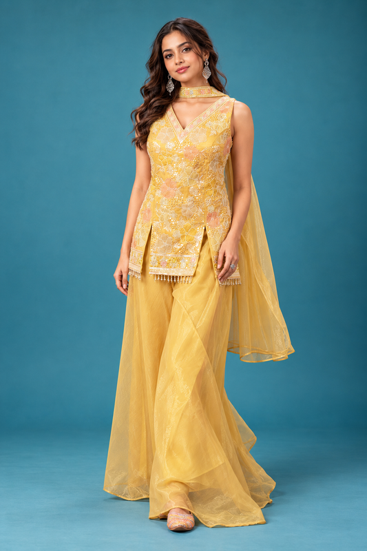 Sunshine Yellow Embroidered Sharara Set