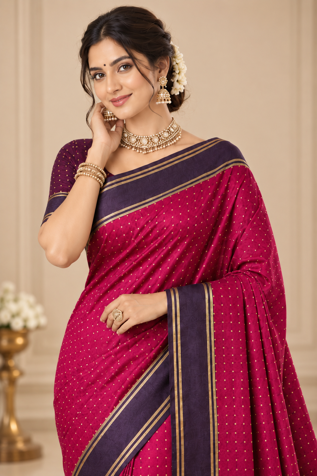 Magenta Pink Traditional Saree with Deep Purple Border