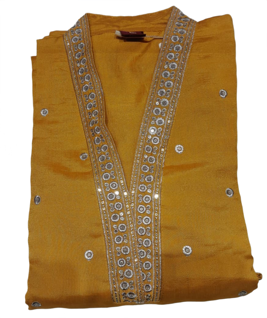 Mustard Yellow Embroidered Kurti Pant Set with Beige Dupatta