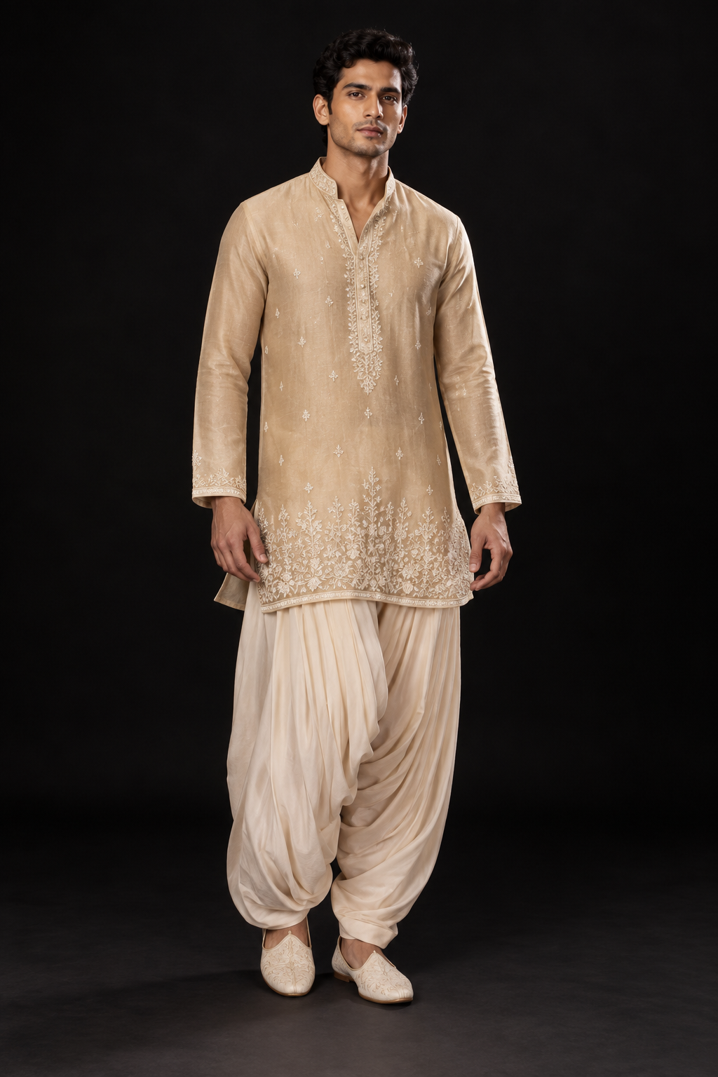 Beige Embroidered Kurta with Dhoti Set