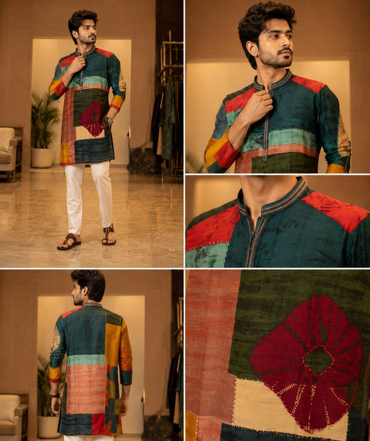 Multi-Color Patchwork Printed Silk Kurta Set for Men