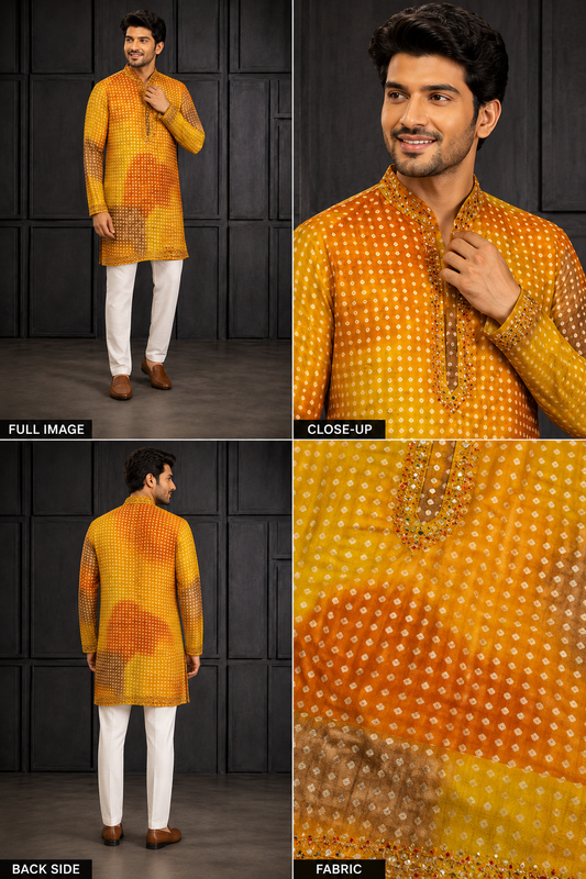 Mustard Yellow Bandhani Print Festive Kurta for Men