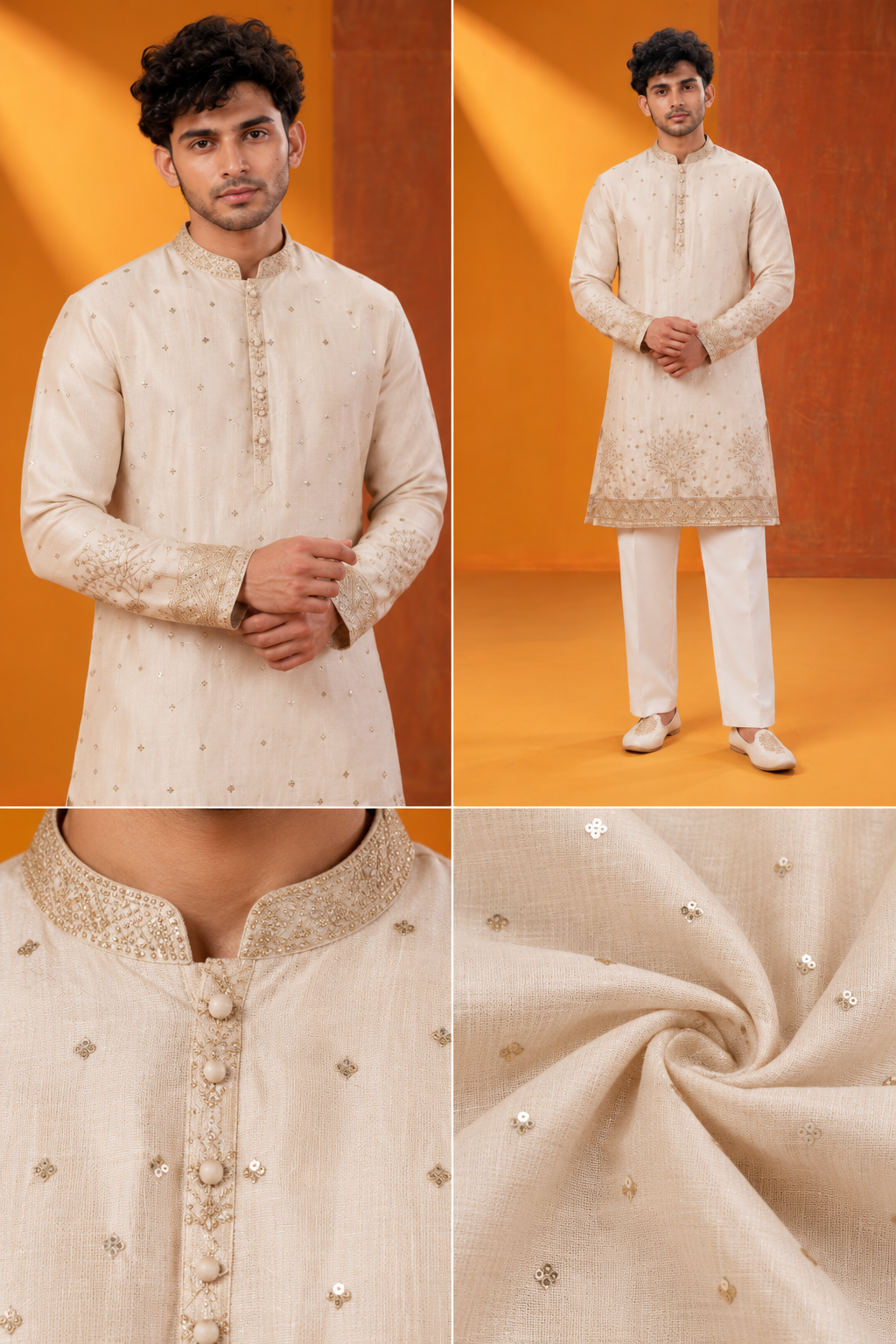 Men's Premium Cream Gold Embroidered Festive Kurta Pajama Set