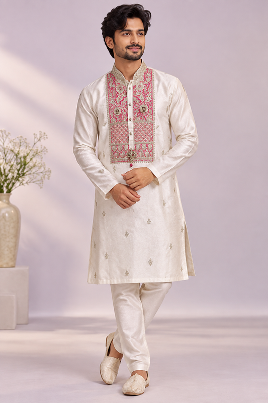 Men’s Ivory Kurta Set with Pink Embroidered Yoke