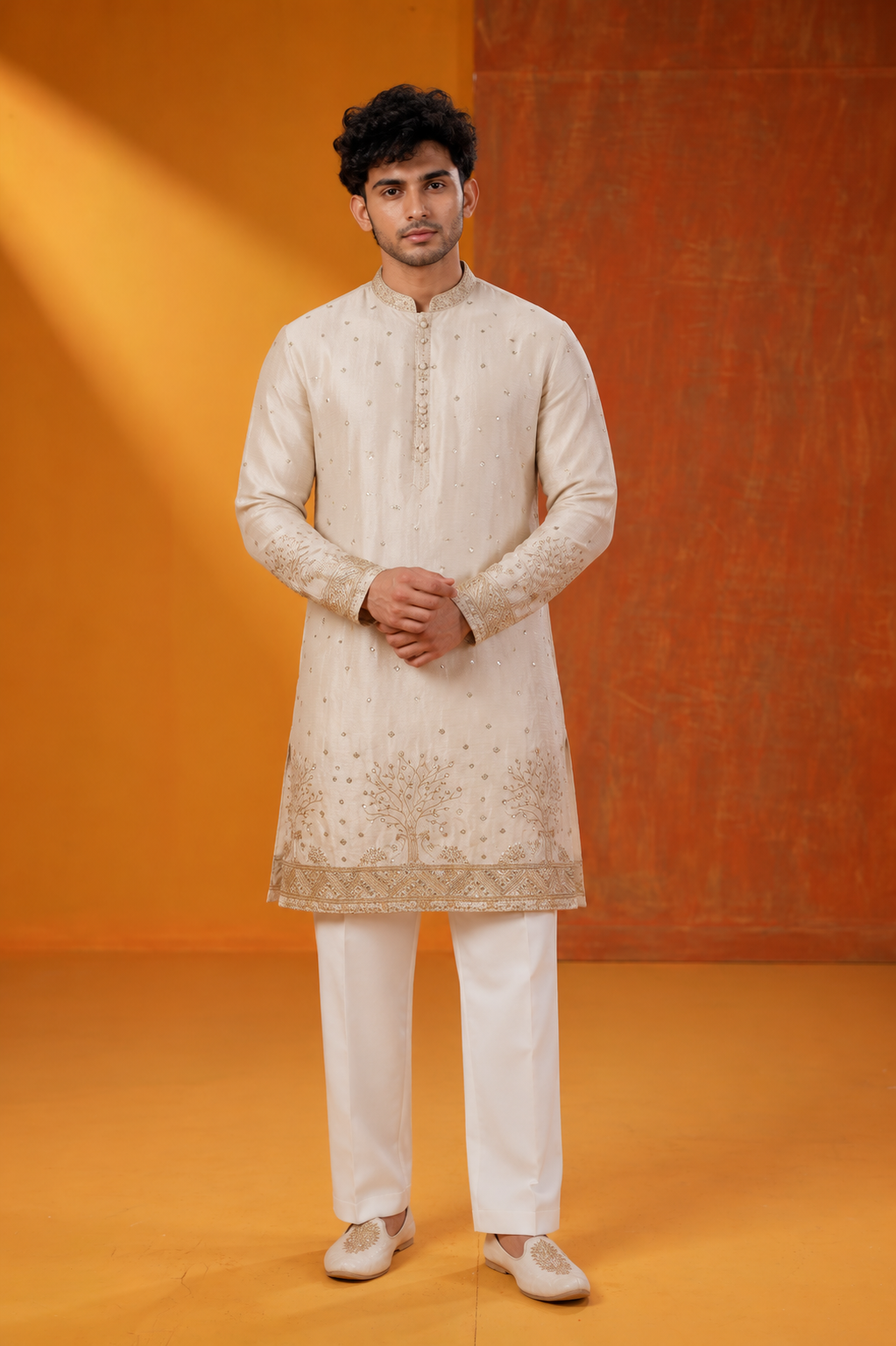 Men's Premium Cream Gold Embroidered Festive Kurta Pajama Set