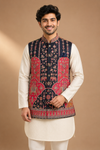 Men’s Navy & Red Ethnic Printed Nehru Jacket