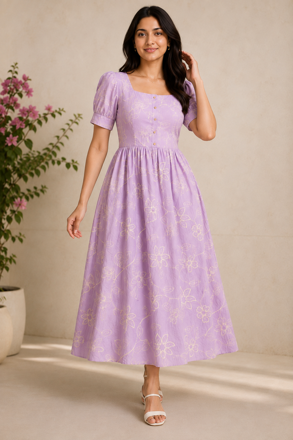 Lavender Floral Puff Sleeve Midi Dress