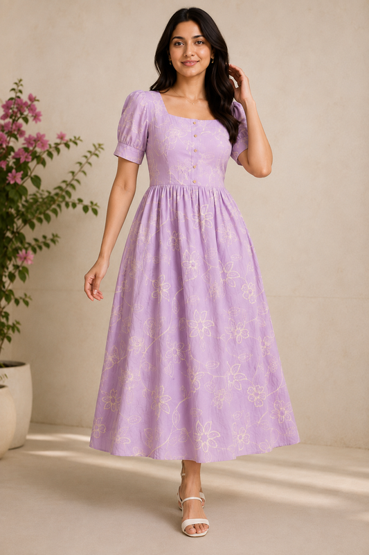 Lavender Floral Puff Sleeve Midi Dress