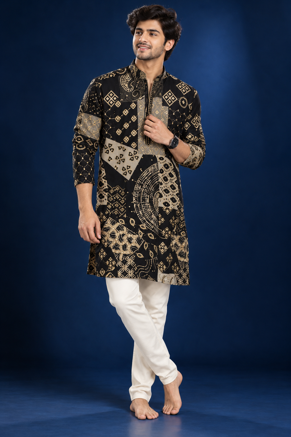 Black & Gold Abstract Print Festive Kurta Set