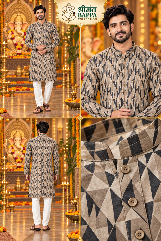 Men's Brown and Black Geometric Printed Long Sleeve Kurta