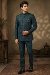 Deep Teal Jacquard Jodhpuri Bandhgala Suit