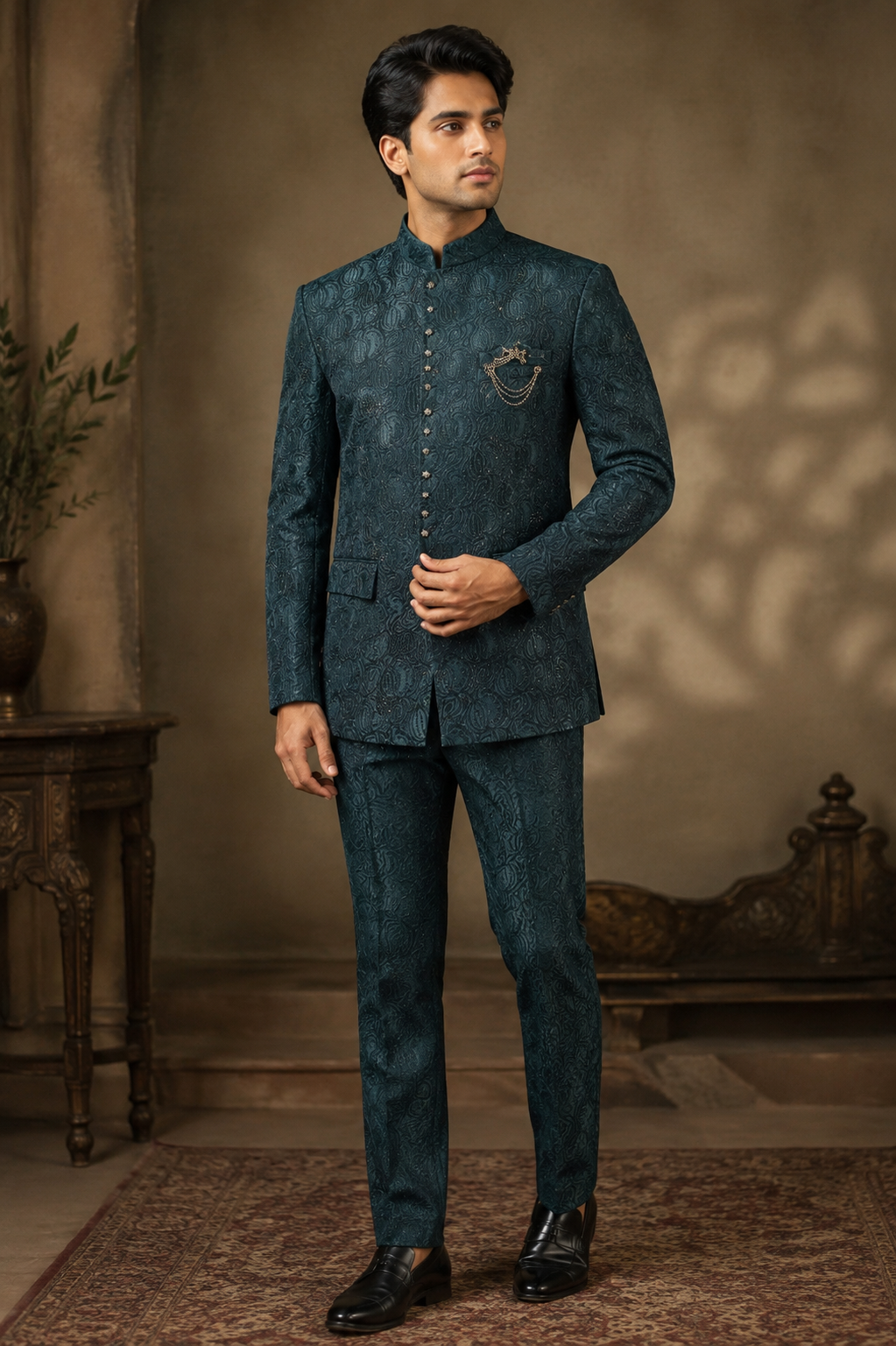 Deep Teal Jacquard Jodhpuri Bandhgala Suit