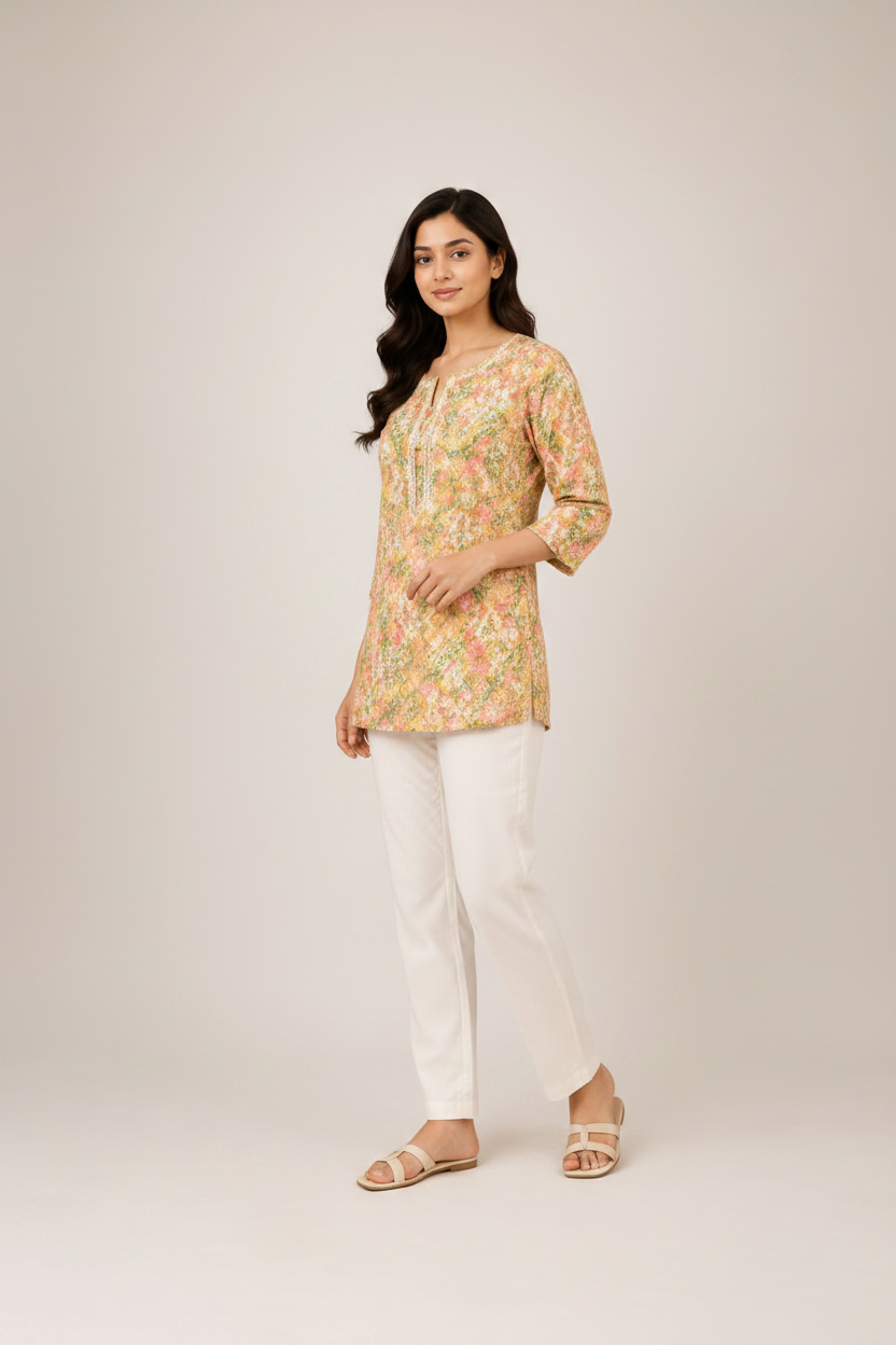 Floral Printed Tunic Top for Women – Mustard Yellow & Pink