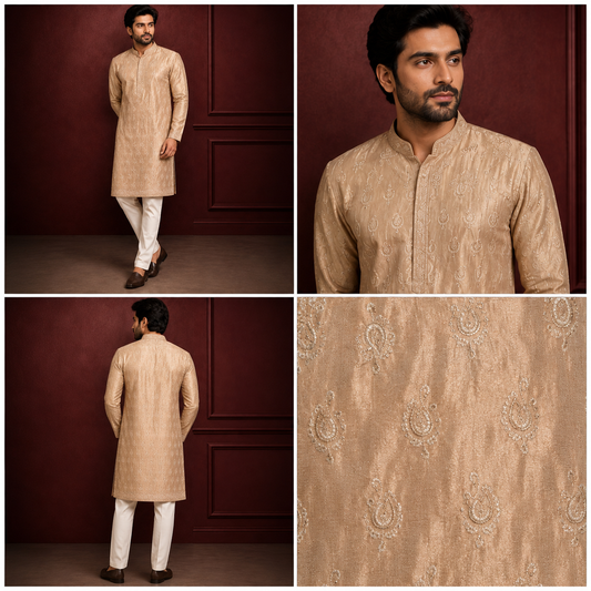 Champagne Gold Embroidered Men’s Festive Kurta