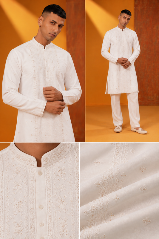 Men's Premium Ivory White Self-Embroidered Festive Kurta Pajama Set