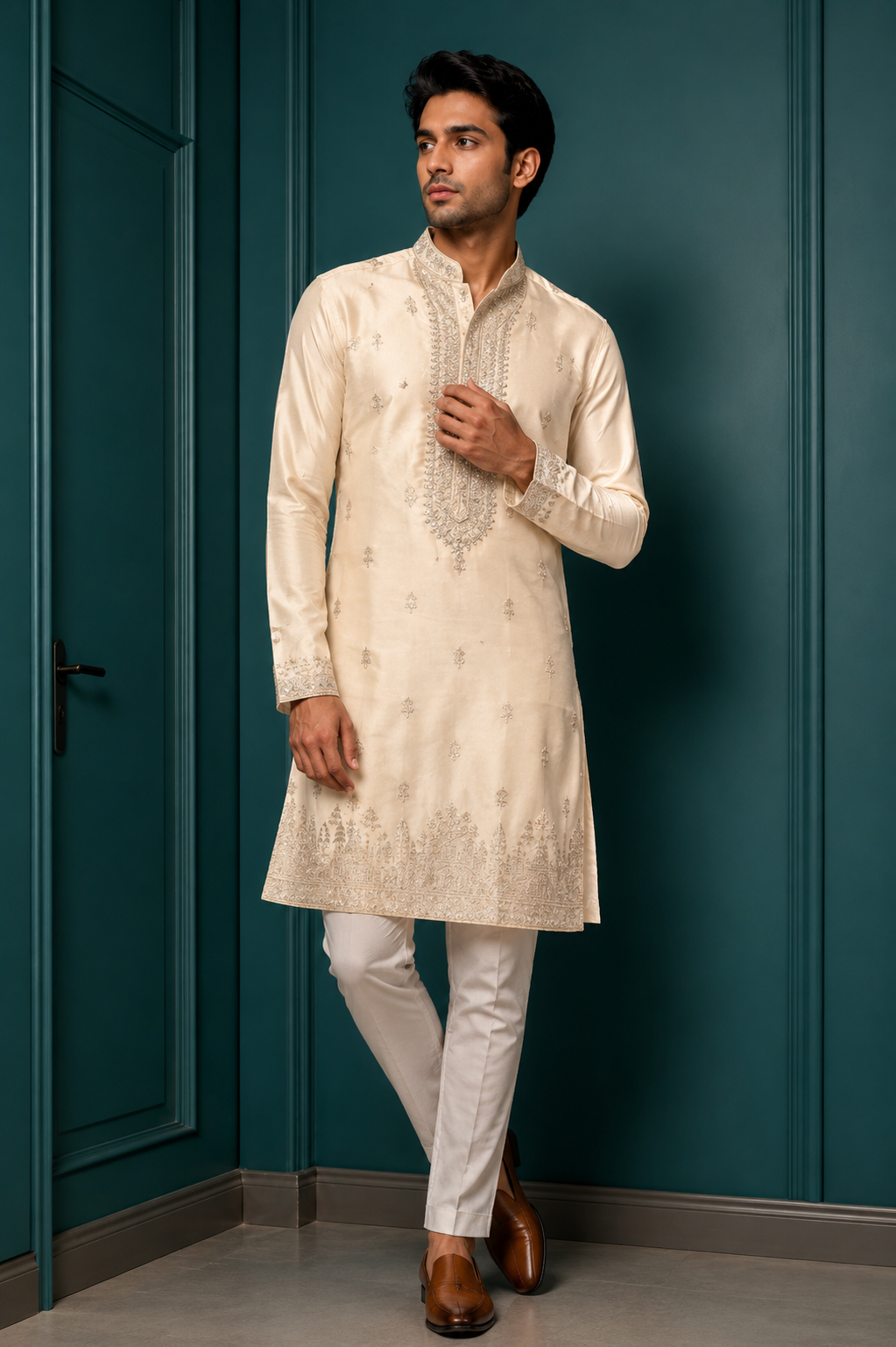 Off-White Silk Embroidered Kurta Set with Gold Zari for Men