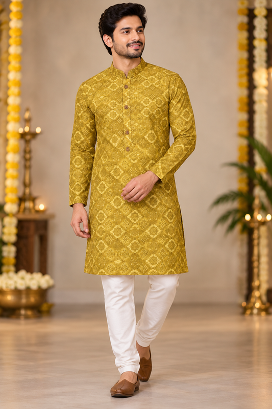 Mustard Gold Geometric Print Festive Kurta