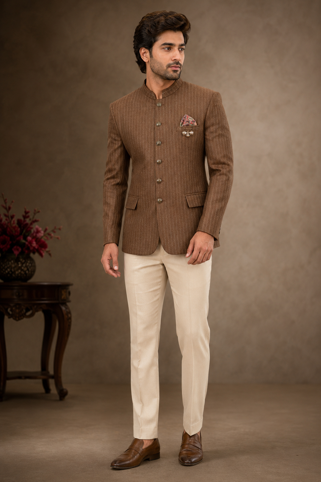 Brown Striped Jodhpuri Bandhgala Jacket Set