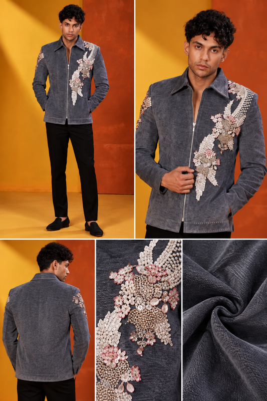 Charcoal Grey Embroidered Designer Jacket