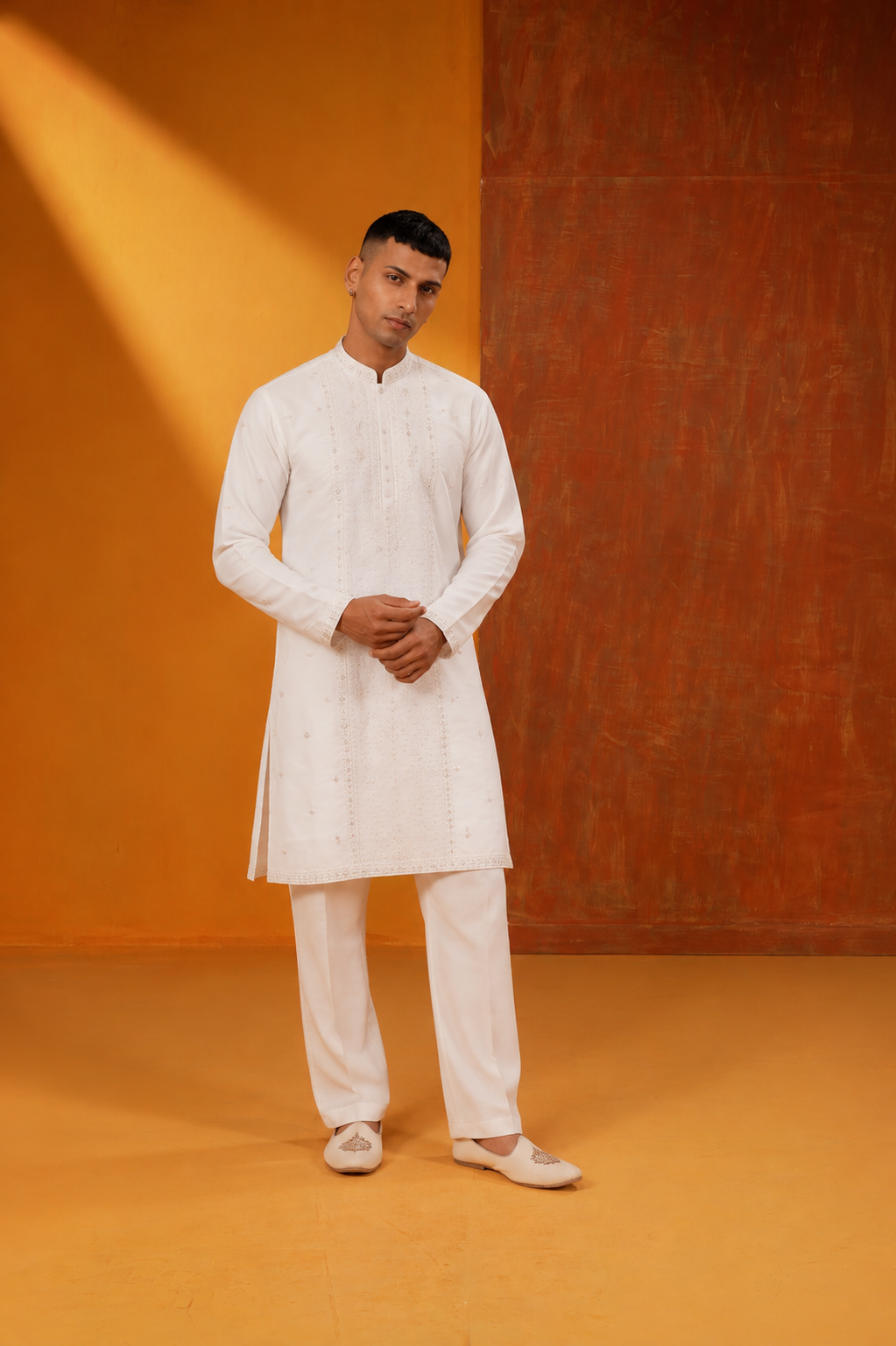 Men's Premium Ivory White Self-Embroidered Festive Kurta Pajama Set