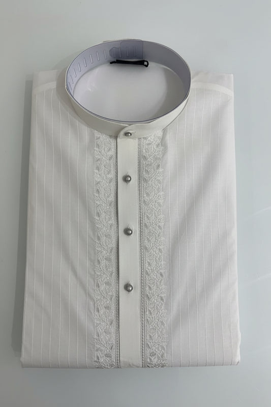 White Striped Embroidered Kurta Pajama for Men