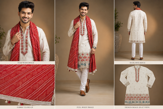 Ivory Embroidered Kurta Set with Red Bandhani Dupatta