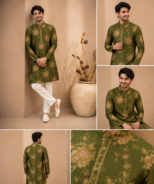 Royal Olive Green Floral Kurta