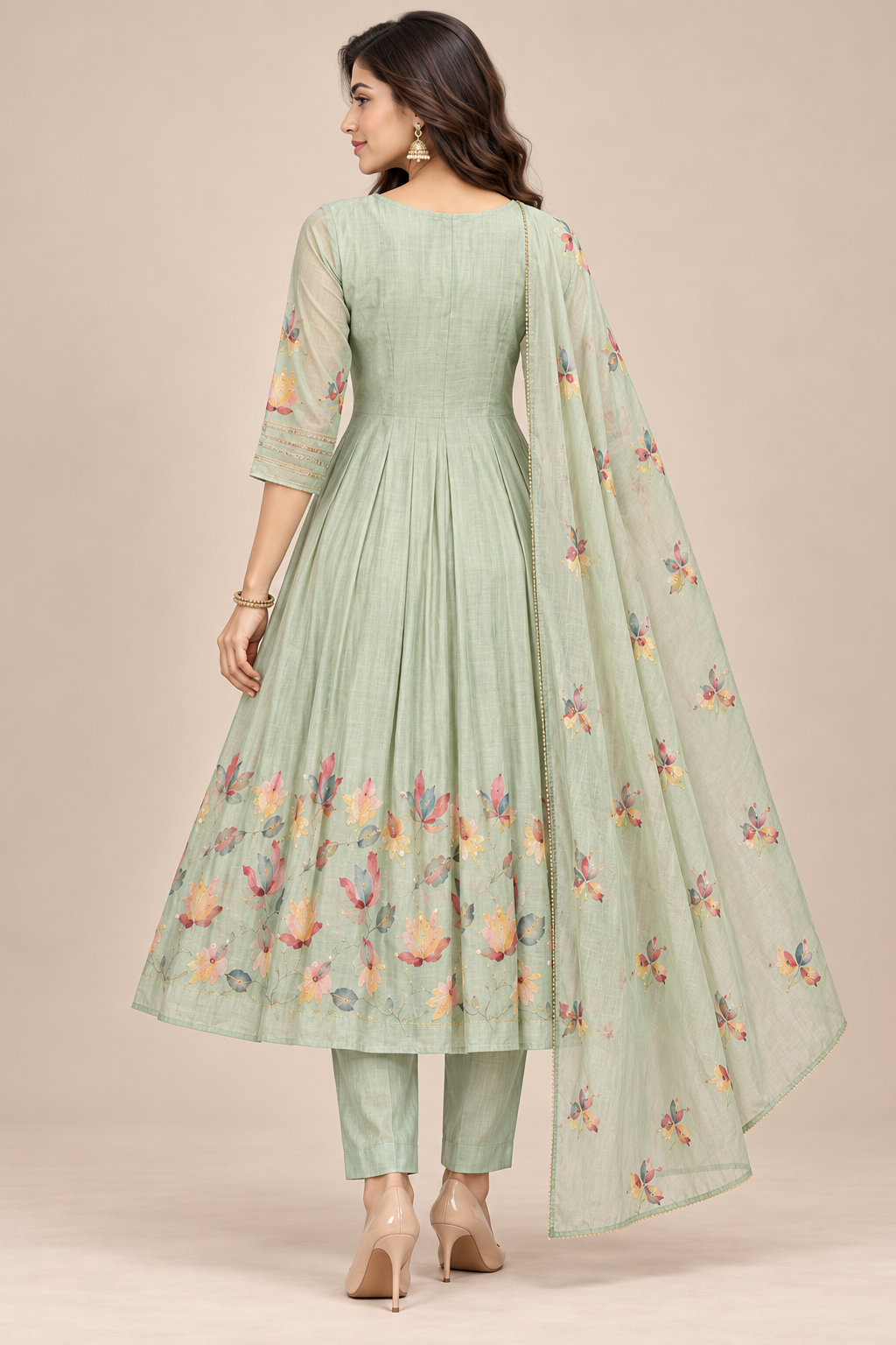 Mint Green Floral Embroidered Anarkali Set