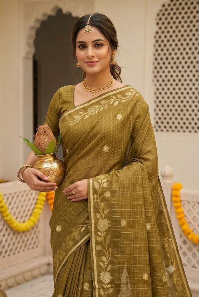 Olive Gold Woven Silk Saree with Floral Zari Border