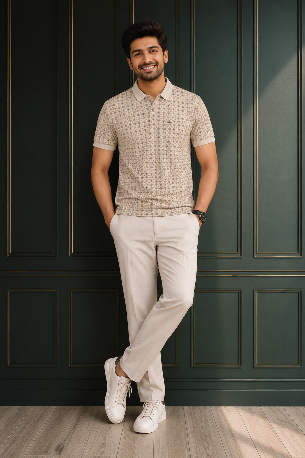 Men's Beige Geometric Print Polo T-Shirt | Premium Cotton Casual Wear