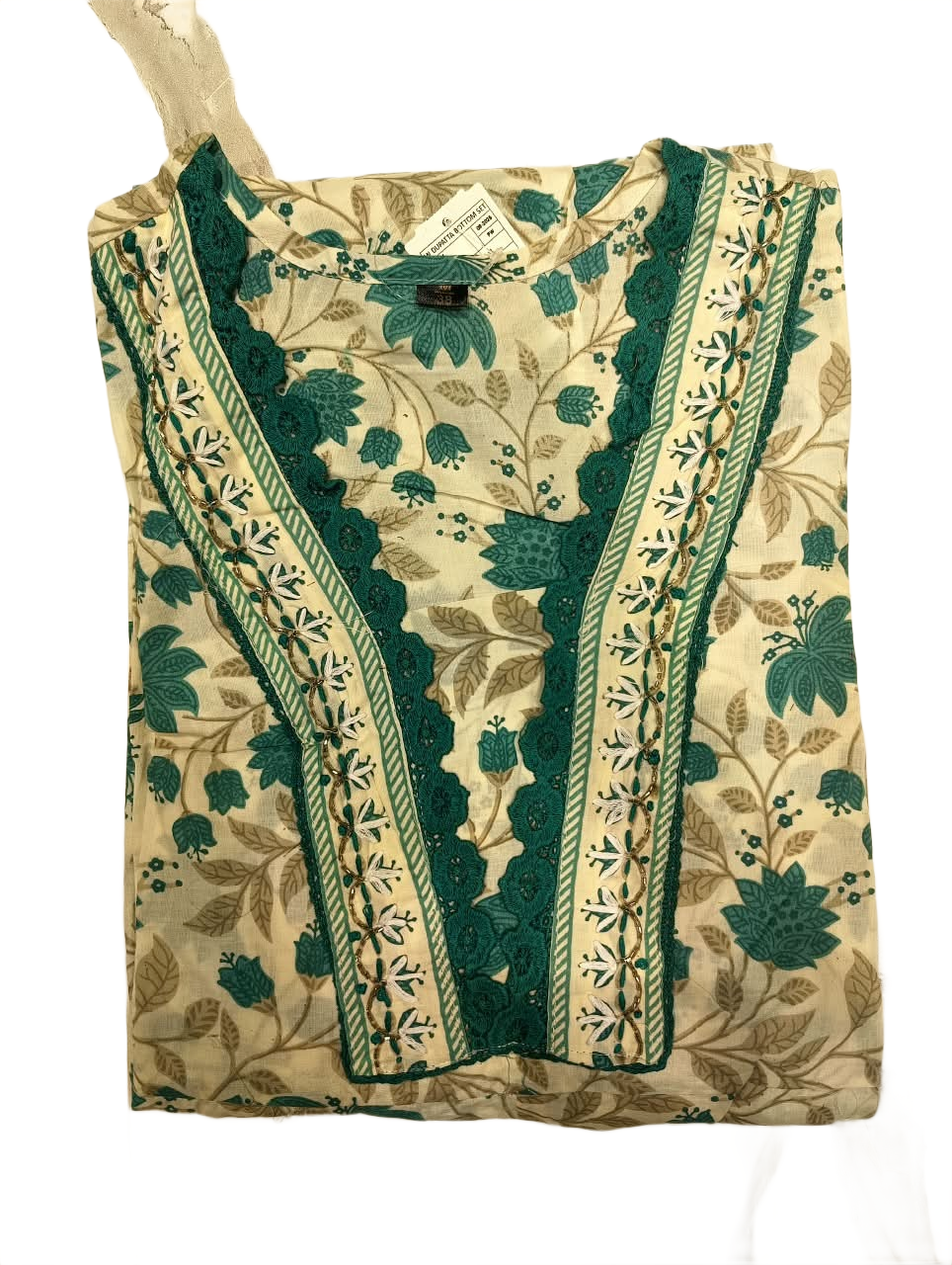 Off-White & Teal Floral Block Print A-Line Kurta Set with Lace Hem & Dupatta