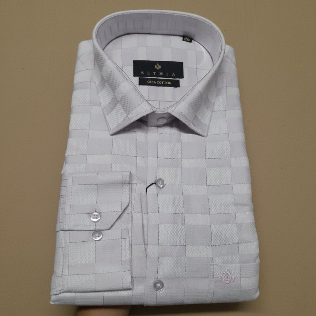 Men Light Grey Textured Checked Formal Shirt