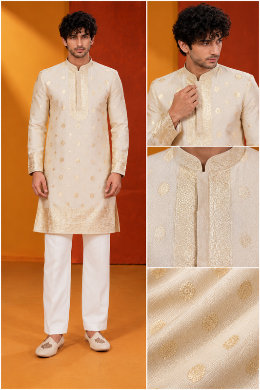 Men's Premium Ivory Cream & Gold Embroidered Festive Kurta Pajama Set