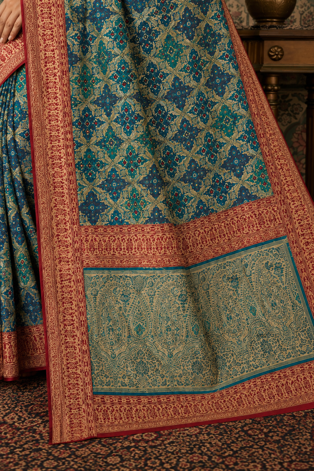 Royal Heritage Blue Printed Saree with Traditional Zari Border