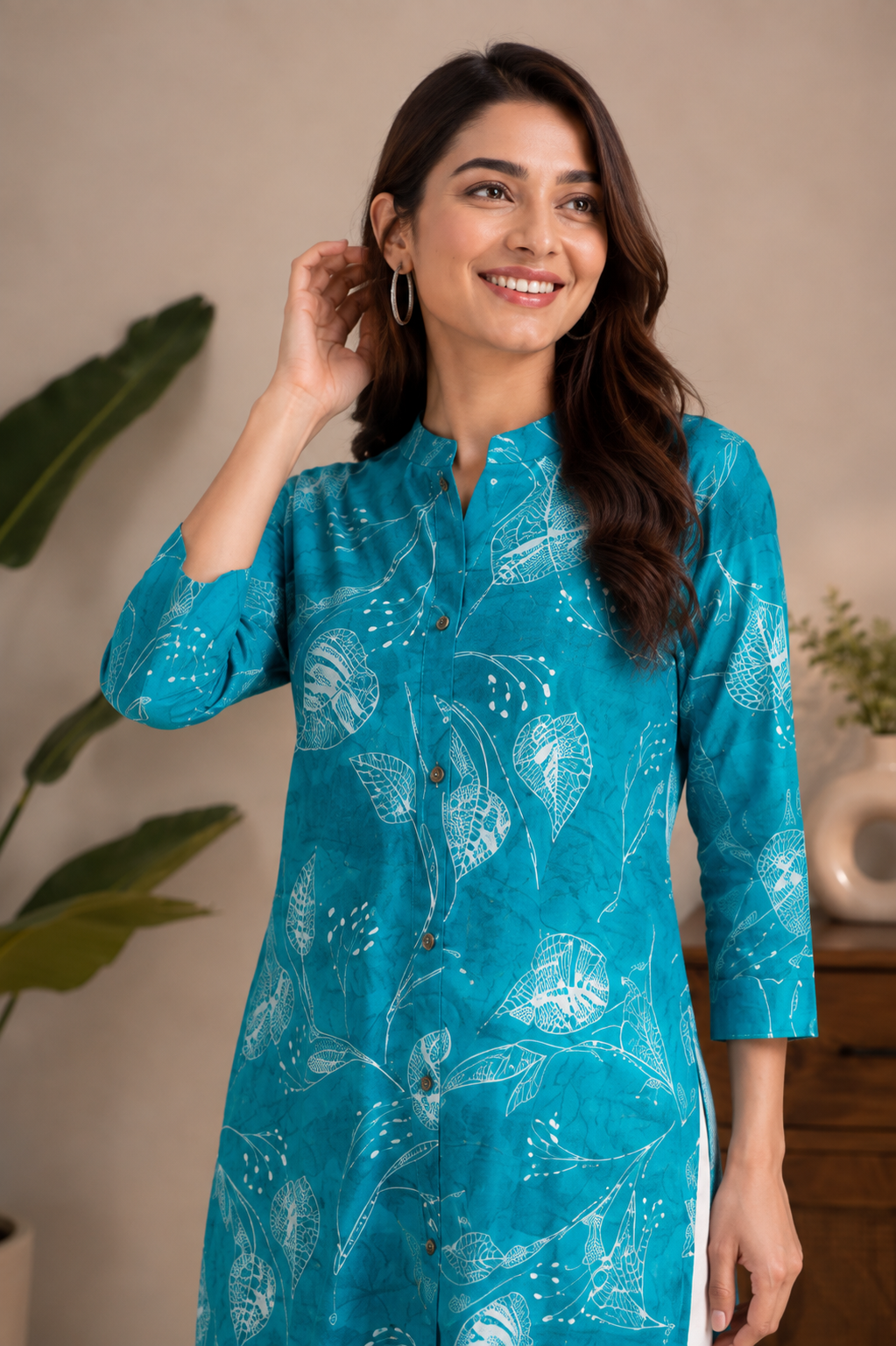Turquoise Leaf Print Kurti