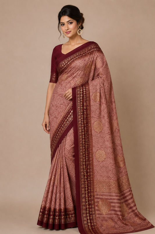 Title: Women’s Printed Saree with Rich Maroon Border