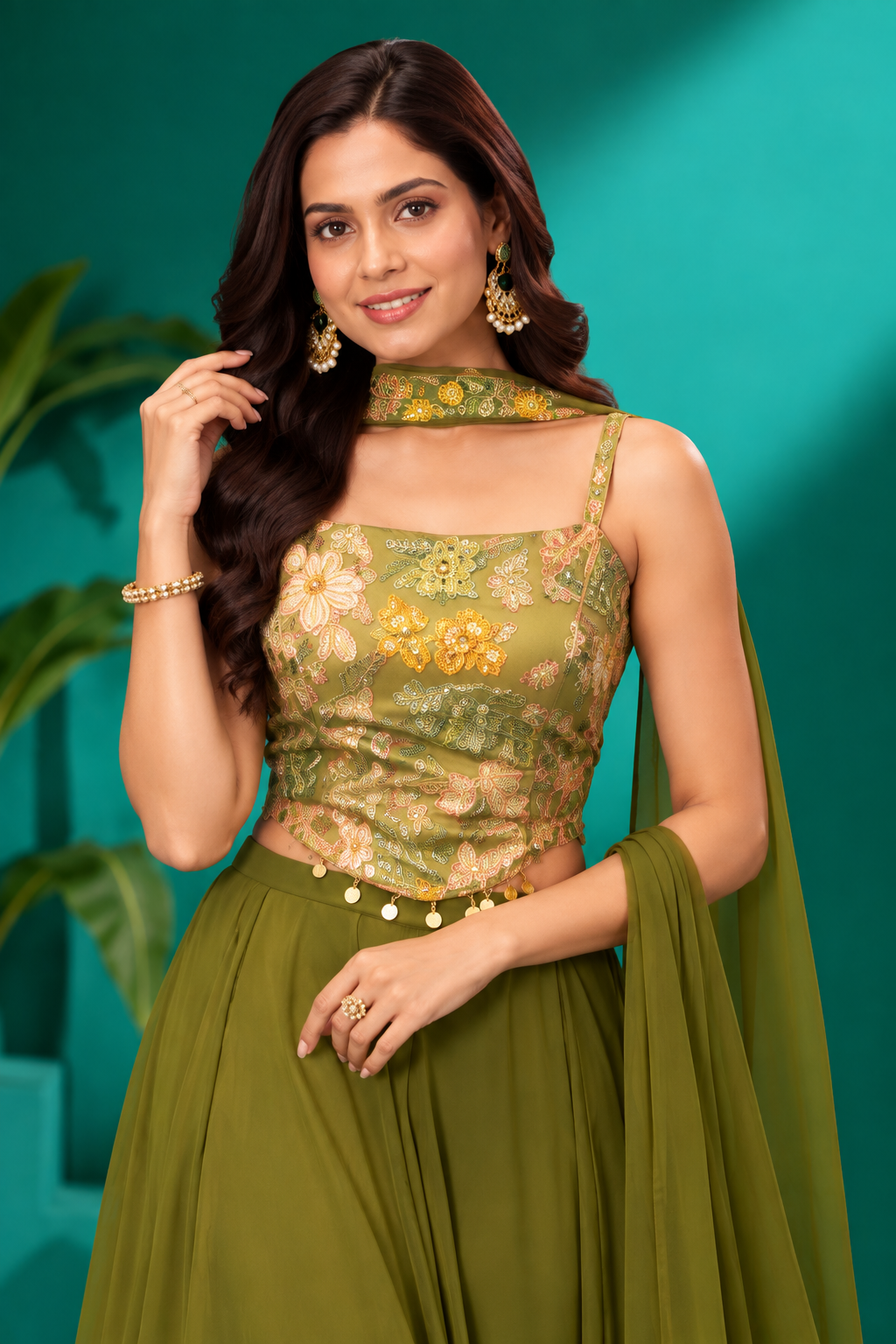 Olive Green Embroidered Palazzo Set