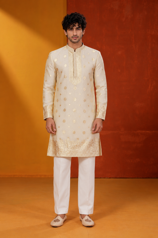 Men's Premium Ivory Cream & Gold Embroidered Festive Kurta Pajama Set